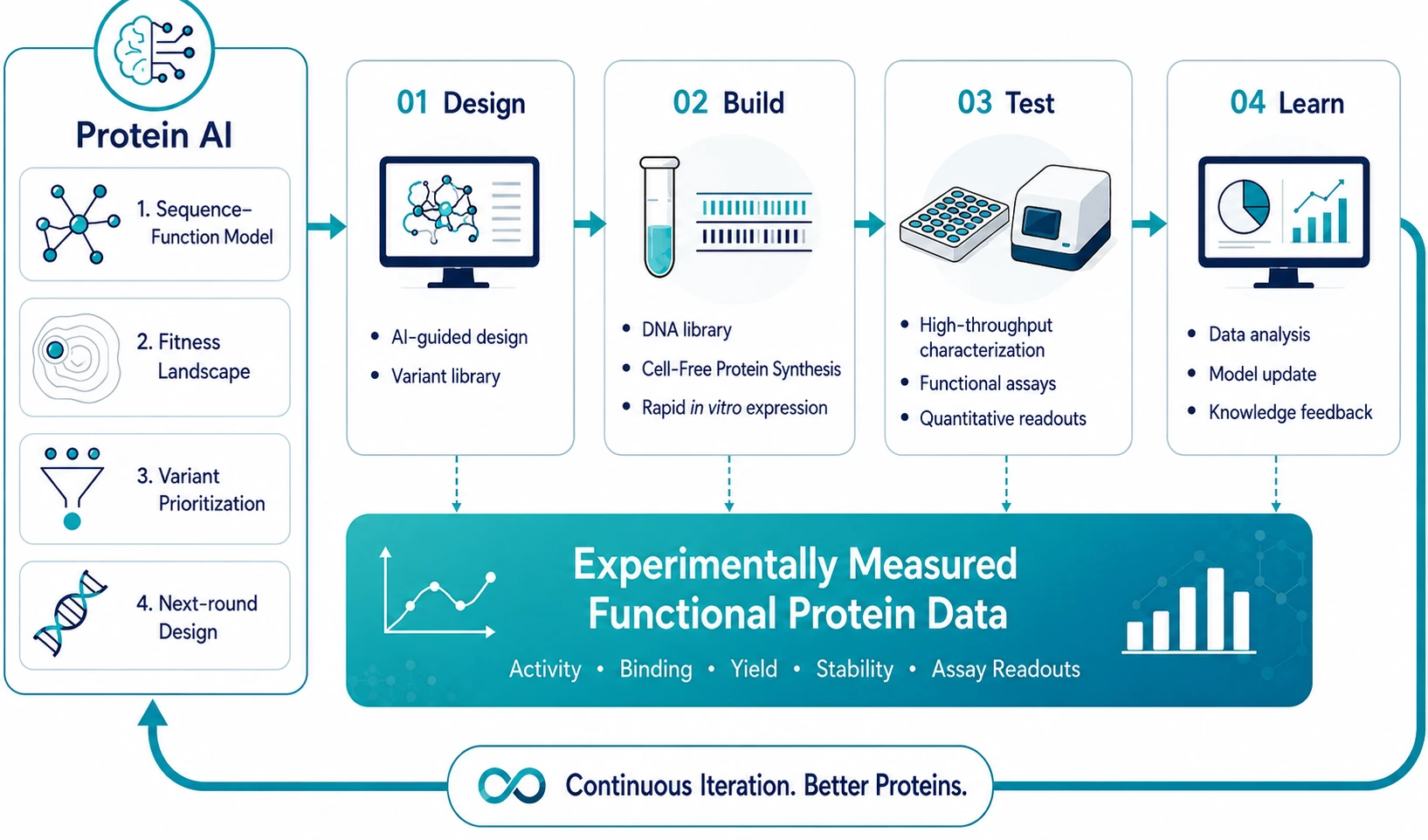 ProPEL closed-loop protein engineering workflow connecting Protein AI with Design, Build, Test and Learn around experimentally measured functional protein data.